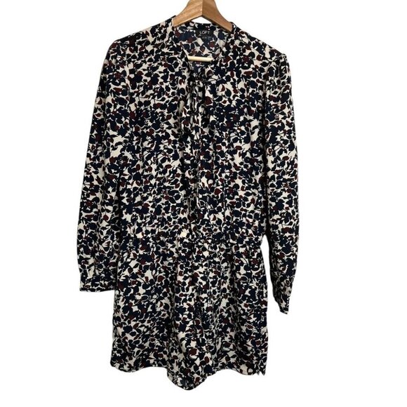 LOFT Womens Size 2 Navy Blue Burgundy Cream Floral Long Sleeve Tie Neck Romper - Picture 2 of 15